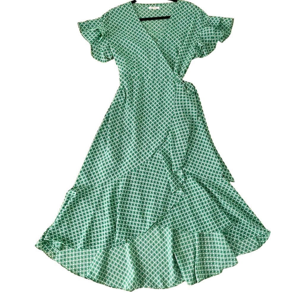 Max Studio Green Geometric Print Ruffle Wrap Dress Womens Medium High Low Midi